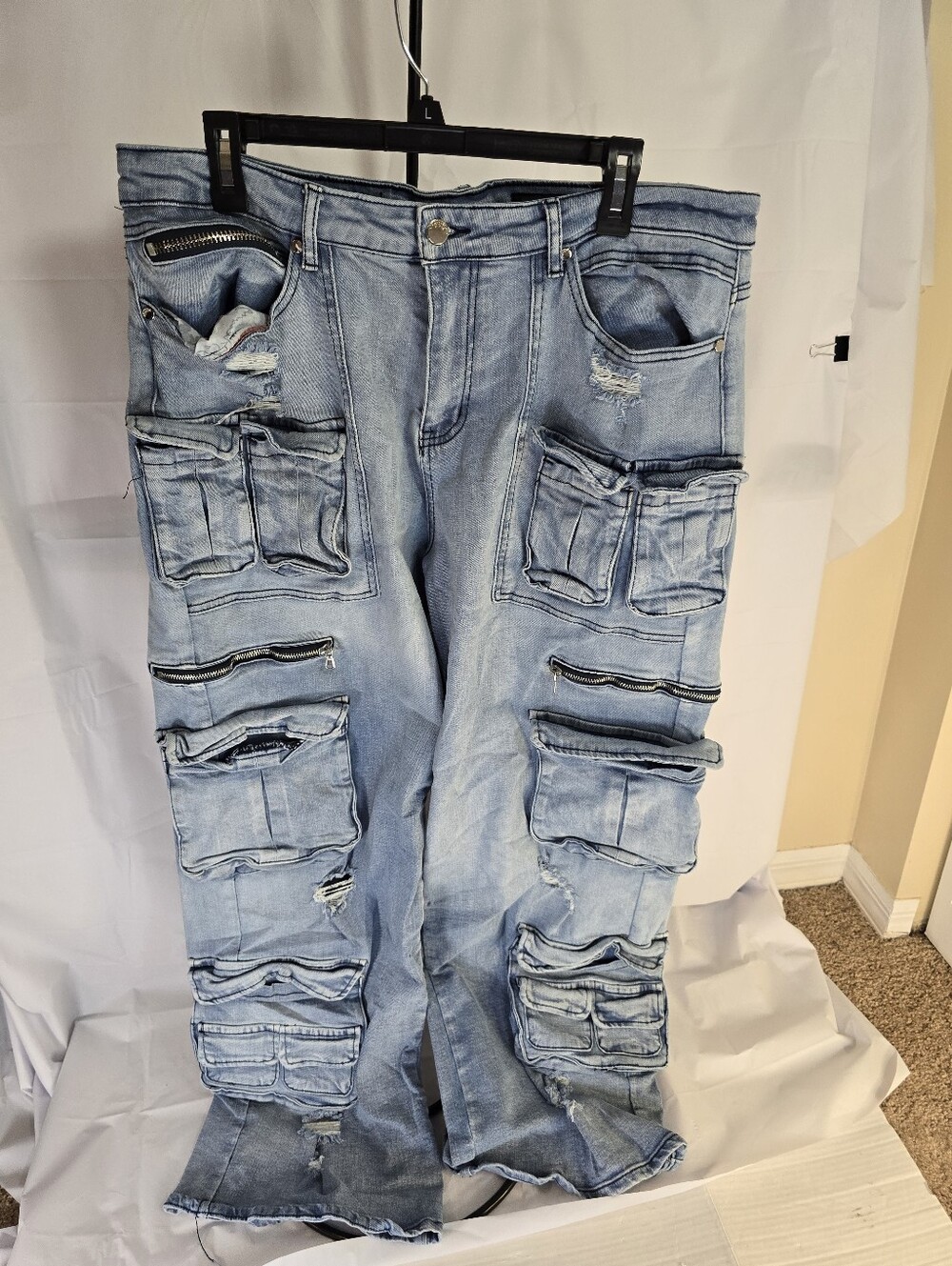 Rockstar Original Lenz Men's Baggy Cargo Jeans - Blue Distressed Size 36